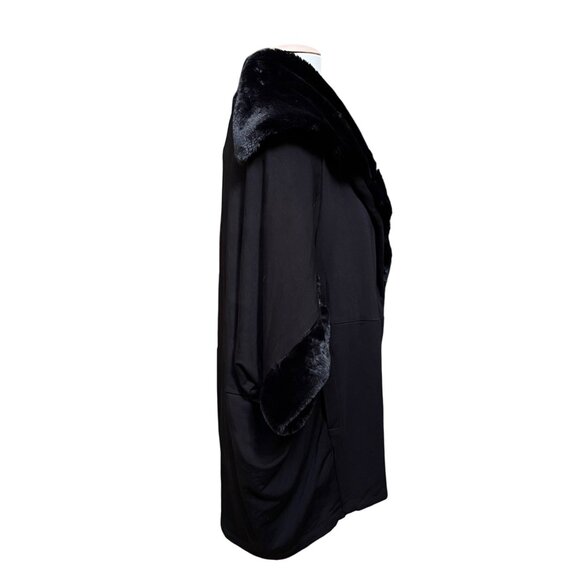 Capote Black Knit Faux Fur Collar Cuff Jersey Lightweight Coat Maximalist Medium - Picture 9 of 10